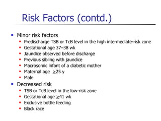 Risk Factors (contd.) Minor risk factors  Predischarge TSB or TcB level in the high intermediate-risk zone Gestational age 37–38 wk  Jaundice observed before discharge Previous sibling with jaundice  Macrosomic infant of a diabetic mother  Maternal age  > 25 y Male  Decreased risk TSB or TcB level in the low-risk zone  Gestational age  > 41 wk Exclusive bottle feeding Black race 