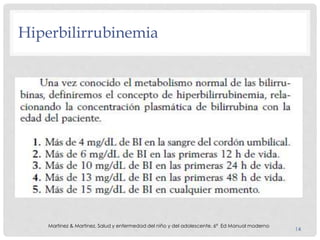 Hiperbilirrubinemia
14
Martinez & Martinez. Salud y enfermedad del niño y del adolescente. 6ª Ed Manual moderno
 