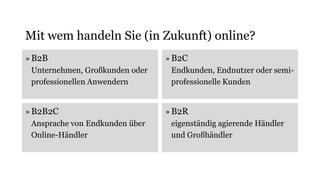 » B2B
Unternehmen, Großkunden oder
professionellen Anwendern
» B2C
Endkunden, Endnutzer oder semi-
professionelle Kunden
Mit wem handeln Sie (in Zukunft) online?
» B2B2C
Ansprache von Endkunden über
Online-Händler
» B2R
eigenständig agierende Händler
und Großhändler
 