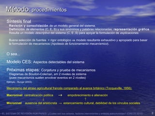 EL SISTEMA DE REVISIÓN POR PARES: ¿Cuales son sus actores, factores intervinientes y enlaces estructurantes? (CRECS 2015) 8
Síntesis final
Revisión y consolidación de un modelo general del sistema.
Definición de elementos (C, E, S) y sus sinónimos y palabras relacionadas; representación gráfica.
Resulta un modelo descriptivo del sistema (C, E ,S) para apoyar la formulación de explicaciones.
Buena selección de fuentes + rigor ontológico ⇒ modelo resultante exhaustivo y apropiado para basar
la formulación de mecanismos (hipótesis de funcionamento mecanísmico).
O sea...
Modelo CES: Aspectos detectables del sistema
Próximas etapas: Conjetura y prueba de mecanismos
Diagramas de Boudon-Coleman, em 2 niveles de sistema
(pues mecanismos suelen envolver eventos en 2 niveles)
Ejemplo - Bunge (2003):
Mecanismo del atraso agricultural francés comparado al avance británico (Tocqueville, 1856):
Macronivel centralización política →→ empobrecimiento e alienación
↓ ↑
Micronivel ausencia del aristócrata → estancamiento cultural, debilidad de los vínculos sociales
MétodoMétodo: procedimientos: procedimientos
 