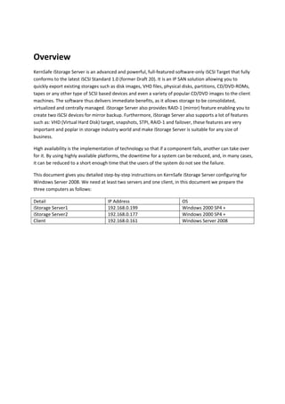 Overview 
KernSafe iStorage Server is an advanced and powerful, full‐featured software‐only iSCSI Target that fully 
conforms to the latest iSCSI Standard 1.0 (former Draft 20). It is an IP SAN solution allowing you to 
quickly export existing storages such as disk images, VHD files, physical disks, partitions, CD/DVD‐ROMs, 
tapes or any other type of SCSI based devices and even a variety of popular CD/DVD images to the client 
machines. The software thus delivers immediate benefits, as it allows storage to be consolidated, 
virtualized and centrally managed. iStorage Server also provides RAID‐1 (mirror) feature enabling you to 
create two iSCSI devices for mirror backup. Furthermore, iStorage Server also supports a lot of features 
such as: VHD (Virtual Hard Disk) target, snapshots, STPI, RAID‐1 and failover, these features are very 
important and poplar in storage industry world and make iStorage Server is suitable for any size of 
business. 

High availability is the implementation of technology so that if a component fails, another can take over 
for it. By using highly available platforms, the downtime for a system can be reduced, and, in many cases, 
it can be reduced to a short enough time that the users of the system do not see the failure. 

This document gives you detailed step‐by‐step instructions on KernSafe iStorage Server configuring for 
Windows Server 2008. We need at least two servers and one client, in this document we prepare the 
three computers as follows: 

Detail                              IP Address                          OS 
iStorage Server1                    192.168.0.199                       Windows 2000 SP4 + 
iStorage Server2                    192.168.0.177                       Windows 2000 SP4 + 
Client                              192.168.0.161                       Windows Server 2008 

 
 
 
 
 
 
 
 