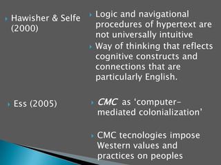 Register and genres in CMC environmentsDefining what counts as technologySeparating a technology from its particular uses.The effects of other mediating factors: learners, settings, tasks, type of assessment.                                                    Zhao (2003)EFFECTIVENESS  of CALL