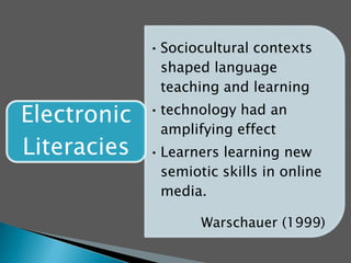 Logic and navigational procedures of hypertext are not universally intuitiveWay of thinking that reflects cognitive constructs and connections that are particularly English. Hawisher& Selfe (2000)CMC  as ‘computer-mediated colonialization’ 