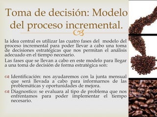 
la idea central es utilizar las cuatro fases del modelo del
proceso incremental para poder llevar a cabo una toma
de decisiones estratégicas que nos permitan el análisis
adecuado en el tiempo necesario.
Las fases que se llevan a cabo en este modelo para llegar
a una toma de decisión de forma estratégica son:
 Identificación: nos ayudaremos con la junta mensual
que será llevada a cabo para informarnos de las
problemáticas y oportunidades de mejora.
 Diagnostico: se evaluara al tipo de problema que nos
enfrentamos para poder implementar el tiempo
necesario.
Toma de decisión: Modelo
del proceso incremental.
 