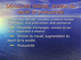 Démocratie libérale, division du savoir et productivité Démocratie libérale:   nouvelles conditions morales et politiques,  droit privé romain, droit commercial Possibilité d'échanges:   maintien du lien social, coopération à distance Division du travail, augmentation du savoir de la société.   Productivité   