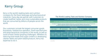 Classified as General Business
© Kerry 2023 | 4
Kerry Group
​​​​​​​​​​​​​​Kerry is the world’s leading taste and nutrition
company for the food, beverage and pharmaceutical
industries. Every day we partner with customers to
create healthier, tastier and more sustainable products
that are consumed by billions of people across the
world.
Our customers include the largest consumer goods
businesses, foodservice operators, food manufacturers
and pharmaceutical companies in the world, as well as
some of their fastest growing challengers. Whether it’s
reducing food waste and sugar content or developing
cleaner labels and plant-based products, Kerry has
expertise to do it. ​​​​​​​​​​​​​​
 