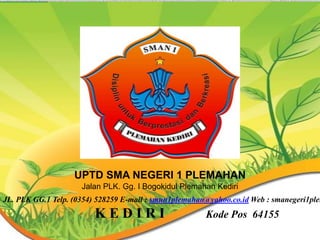 PEMERINTAH ABUPATEN KEDIRI
DINAS PENDIDIKAN PEMUDA DAN
OLAHRAGA
UPTD SMA NEGERI 1
PLEMAHAN
Jalan PLK. Gg. I Bogokidul Plemahan
Kediri
UPTD SMA NEGERI 1 PLEMAHAN
Jalan PLK. Gg. I Bogokidul Plemahan Kediri
JL. PLK GG.1 Telp. (0354) 528259 E-mail : smun1plemahan@yahoo.co.id Web : smanegeri1plem
K E D I R I Kode Pos 64155
 