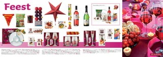 Feest                                                                                                                                                                                                                            Feest 8-delig € 41,04 | € 35,17


                                                                                                                                                                                                                                                                                              24|B




                            1                                2                    3                    4                                     5                                    6                   7                      8




                                                                                                                                  9                                 10           11


                                                        12                                             13


                                                                                                                                                                                                      18                                                                                22                  23




                                                        14                            15               16                                         17                                                  19                                      20                      21



26


1 Vlaggetjes recycling [419055-1202] € 7,90 - € 6,64 | 2 Rode aardappelen chips 100g [172007-9205]      1202] € 3,90 - € 3,28 | 10 Spel Together we play [491003-9105] € 4,95 - € 4,16 | 11 Kandelaar Jodh-   joyful moments [440022-1201] € 1,90 - € 1,60 | 19 Sapglas 12 cm set/2 [220018-1203] € 4,90 - € 4,12
€ 2,35 - € 2,22 | 3 Kaars rustiek rood [440025-1201] € 3,50 - € 2,94 | 4 Cotton ball lights rood        pur [450085-1105] € 5,90 - € 4,96 | 12 Prikkers recycling set/15 [419056-1202] € 1,50 - € 1,26 | 13   | 20 Champagneglas 20 cm set/2 [220017-1203] € 9,50 - € 7,98 | 21 Tropisch sap, 1l [006634] € 1,69
[419126-1301] € 22,95 - € 19,29 | 5 Decoratiester rood [12575-1410] € 3,80 - € 3,19 | 6 Dinerkaarsen    Choco biscuits puur, 150g [202415] € 1,79 - € 1,69 | 14 Partyschaal 25 cm [229005-1203] € 11,50 -     - € 1,59 | 22 Chocoladereep puur, 100g [203942] € 1,49 - € 1,41 | 23 Servet Ballonnen [629078-9206]
geel/groen set/2 [441002-1201] € 3,90 - € 3,28 | 7 Wijn Rosé, 075l [201520] € 5,49 - € 4,61 | 8 Wijn    € 9,66 | 15 Tropische notenmix, 200g [006740] € 2,79 - € 2,63 | 16 Chocolade minireepje puur,         € 1,95 - € 1,64 | 24 Doos rood: zie pag. 3 voor kleuren, formaten en prijzen
wit mousserend Vonkelwijn, 0,75l [201521] € 9,99 - € 8,39 | 9 Onderzetters recycling set/4 [239041-     6x14g [006443] € 1,49 - € 1,41 | 17 Wijnglas 19 cm set/2 [220016-1203] € 9,50 - € 7,98 | 18 Kaarsen
 