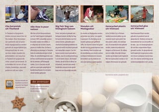 Cha keramiek                                  Alle thee is puur                       Big Fair Bag van                        Manden uit                                Gerecycled plastic                         Gerecycled glas
uit Thailand                                                                          biologischtextiel                                                                                                            uit Vietnam
                                             ­natuur                                  Fair + Green katoen                     Madagaskar
                                                                                                                              Eerlijk zoet                              uit Vietnam
                                                                                                                                                                         Biologische kwaliteit                      Keramiek                               Ma
In Thailand en Bangladesh                    Alle thee uit het theeassortiment        Groot, fairtrade en gemaakt van         De manden uit Madagaskar worden           In Ho Chi Minh City in Vietnam              uit Vietnam
                                                                                                                                                                                                                   Oude limonade flesjes worden            uit
­d rinken mensen overal thee uit             van Fair Trade Original is biologisch    biologisch katoen: de Big Fair Bag.     gevlochten van ‘pensy’: een geplet-       worden kunstmestzakken op een              gebruikt als grondstof voor de
 Cha mokjes. Deze theemokjes                 en bevat 100% natuurlijke aroma’s.       De boeren die het katoen voor het       te grassoort. De afwerking van de         ­creatieve manier gerecycled. Van          glasproductie. Hierdoor ontstaat de
 van aardewerk zijn oorspron-                En omdat smaken verschillen, is          canvas leveren, gebruiken geen          manden gebeurt met gekleurde               deze plastic zakken, die vanwege          kenmerkende tint van de karaffen en
 kelijk ongeglazuurd en worden               er volop keus uit variaties zwarte,      Steeds vaker kiest de kok – of het
                                                                                      chemische bestrijdingsmiddelen en       ­rMet de bakmixen nemen het groot-
                                                                                                                                affia. De vrouwen van Fair Trade         mis-nieuwe biologische wijnen van
                                                                                                                                                                           De of overproductie niet gebruikt        Het noorden van Vietnam is
                                                                                                                                                                                                                   de wijn-, sap- en champagneglazen       De m
                                                                                      nu thuis is of in een restaurant          Original ruikt het in een oogwenk          Fair Trade Original uit Zuid-Afrika      gespecialiseerd in keramiek. Klei      gev
 gebruikt als wegwerpbekertjes.              groene en rooibos thee. De thee is       de grond wordt vruchtbaar gemaakt        ste deel van het productieproces voor     worden, maken de producenten              die van deze omgesmolten flesjes
                                                                                      – biologische ingrediënten voor           heerlijk door het hele huis. Dit is        zijn niet alleen toppers als het gaat    wordt hier in mallen gegoten en in     gra
 ­G eïnspireerd door de vorm                 afkomstig van plantages in Tanzania,     met natuurlijke compost. Van het         hun rekening. Door te werken aan          ­shoppers en fietstassen. De zakken       gemaakt worden. De glasproducent
                                                                                      een goede maaltijd. Nu is ook het         vooral te danken aan de rijke geuren       om de smaak. De werknemers op de         gasovens gebakken op 1200 graden.      man
  van deze mokjes maakten de                 India en rooibosboerderijen in Zuid-     katoen worden tassen gemaakt in
                                                                                      katoen voor de theedoeken en             de ontwikkeling van nieuwe boeren-
                                                                                                                                van rietsuiker en cacao. De vormen        met de vrolijke, hebben aandelen in
                                                                                                                                                                           wijnboerderij kleurrijke designs        heeft keramiek wordt volledig met
                                                                                                                                                                                                                    Het dankzij de toegenomen orders       raffi
  pottenbakkers van Sang Arun                Afrika. De ontwikkelingspremie voor      Kolkata, waar Fair Trade Original
                                                                                      schorten van de werkloosheid hoog        en kleuren verbeteren de vrouwen
                                                                                                                                coöperaties die de suiker en cacao        worden op de lokaleaantal ingekocht.
                                                                                                                                                                           het bedrijf en een markt van hen        een nieuwe werkplaats kunnen bou-
                                                                                                                                                                                                                    de hand gedecoreerd. Dit gebeurt       gro
  in Thailand een geglazuurde                de thee wordt besteed aan projecten      100% biologisch verbouwd. De
                                                                                      is en de banen schaars. Het bedrijf       leveren voor de mixen, ontvangen
                                                                                                                               de kwaliteit van de producten en           Met eenin het kader van een Black
                                                                                                                                                                           wordt naaimachine worden er ver-        wen. Een enormeoven ingaat.van de
                                                                                                                                                                                                                    voordat het de verbetering Ervaring    pro
  crème variant van keramiek. En             die de arbeiders zelf belangrijk         katoenboeren van Chetna Organics
                                                                                      Ashoka, dat de tassen in elkaar zet      zien zijeerlijke handelsvoorwaarden
                                                                                                                                naast de verkoop al jaren groeien.         Economic Empowerment program-
                                                                                                                                                                          volgens (fiets)tassen van gemaakt.       werkomstandigheden is het voor-
                                                                                                                                                                                                                    én een vaste hand zijn de gevolg.      wer
  ze breidden het servies uit met            vinden. Zo is in Tanzania van dit        en India gebruiken geen kunstmest
                                                                                      in bedrukt, voorziet voor enkele          een ontwikkelingspremie. De suiker-        ma opgeleid voor leidinggevende          waarden voor een constante             nieu
                                                                                      of chemische bestrijdingsmiddelen.        boeren op Mauritius bijvoorbeeld           functies. Ook beslissen zij mee over     kwaliteit. De meeste decoraties zijn   bet
  schalen, kommetjes, voorraad-              geld een watertank aangelegd en          honderden mensen in een goede
                                                                                      Ook de verwerking, zoals het              investeren met de premie in ver-           de besteding van de ontwikkelings-       geïnspireerd op de eeuwenoude          van
potten en zelfs een tajine.                  konden buurthuizen en een basis-         baan met een fatsoenlijk inkomen.
                                                                                      verven, gebeurt zo verantwoord            betering van de suikerrietteelt            premie die voor de fairtrade wijn        Vietnamese tradities en symbolen.      verk
                                             school worden gebouwd.                   mogelijk. Hierdoor zijn de                en betalen het transport van het           wordt betaald. Zo werken ze aan de
                                                                                                                                                                        Deze brochure wordt u aangeboden door:
                                                                                      producten beter voor de produ-            suikerriet naar de suikerfabriek. Dit      kwaliteit van hun product, én                                                   Deze
                                                                                      centen, voor het milieu én voor u!        maakt het werk voor hen minder             verbetert de kwaliteit van hun
               Voor meer informatie over                                                                                        zwaar.                                     leven.
               de producten en producen-
               ten van Fair Trade Original
                                             Voor meer informatie over de producten
               zie www.fairtrade.nl.
                                             en producenten van De Evenaar zie
                                             www.de-evenaar.nl.




                                                                                                          Voor meer informatie over de producten           Voor meer informatie over de producten
                                                                                                          en producenten van Fair Trade Original           en producenten van De Evenaar
                                                                                                          zie www.fairtrade.nl                             zie www.de-evenaar.nl
 