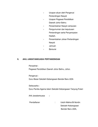 - Ucapan aluan oleh Pengerusi
Pertandingan Nasyid
- Ucapan Pegawai Pendidikan
Daerah Johor Bahru
- Persembahan Nasyid Jemputan
- Pengumuman dan keputusan
Pertandingan serta Penyampaian
Hadiah.
- Persembahan Johan Pertandingan
Nasyid
- Jamuan
- Bersurai
9. AHLI JAWATANKUASA PERTANDINGAN
Penasihat :
Pegawai Pendidikan Daerah Johor Bahru, Johor.
Pengerusi :
Guru Besar Sekolah Kebangsaan Bandar Baru UDA
Setiausaha :
Guru Panitia Agama Islam Sekolah Kebangsaan Tanjung Puteri
Ahli Jawatankuasa :
Pendaftaran : Ustzh Malina Bt Nordin
Sekolah Kebangsaan
Bandar Baru UDA,
 