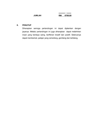 ______ ____
JUMLAH RM 6700.00
8. PENUTUP
Diharapkan semoga pertandingan ini dapat dijalankan dengan
jayanya. Melalui pertandingan ini juga diharapkan dapat melahirkan
insan yang berdaya saing, berfikiran kreatif dan positif. Seterusnya
dapat membentuk ;pelajar yang cemerlang, gemilang dan terbilang.
 