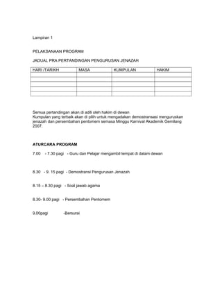 Lampiran 1
PELAKSANAAN PROGRAM
JADUAL PRA PERTANDINGAN PENGURUSAN JENAZAH
HARI /TARIKH MASA KUMPULAN HAKIM
Semua pertandingan akan di adili oleh hakim di dewan
Kumpulan yang terbaik akan di pilih untuk mengadakan demostransasi menguruskan
jenazah dan persembahan pentomem semasa Minggu Karnival Akademik Gemilang
2007.
ATURCARA PROGRAM
7.00 - 7.30 pagi - Guru dan Pelajar mengambil tempat di dalam dewan
8.30 - 9. 15 pagi - Demostransi Pengurusan Jenazah
8.15 – 8.30 pagi - Soal jawab agama
8.30- 9.00 pagi - Persembahan Pentomem
9.00pagi -Bersurai
 
