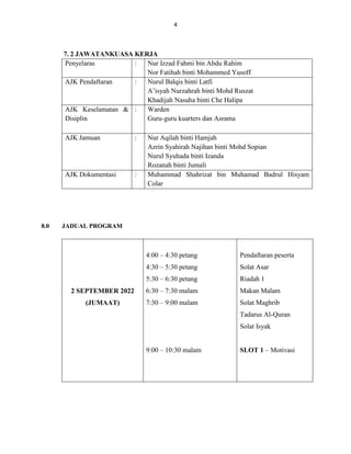 4
7. 2 JAWATANKUASA KERJA
Penyelaras : Nur Izzad Fahmi bin Abdu Rahim
Nor Fatihah binti Mohammed Yusoff
AJK Pendaftaran : Nurul Balqis binti Latfi
A’isyah Nurzahrah binti Mohd Ruszat
Khadijah Nasuha binti Che Halipa
AJK Keselamatan &
Disiplin
: Warden
Guru-guru kuarters dan Asrama
AJK Jamuan : Nur Aqilah binti Hamjah
Azrin Syahirah Najihan binti Mohd Sopian
Nurul Syuhada binti Izanda
Rozanah binti Jumali
AJK Dokumentasi : Muhammad Shahrizat bin Muhamad Badrul Hisyam
Colar
8.0 JADUAL PROGRAM
2 SEPTEMBER 2022
(JUMAAT)
4:00 – 4:30 petang
4:30 – 5:30 petang
5:30 – 6:30 petang
6:30 – 7:30 malam
7:30 – 9:00 malam
9:00 – 10:30 malam
Pendaftaran peserta
Solat Asar
Riadah 1
Makan Malam
Solat Maghrib
Tadarus Al-Quran
Solat Isyak
SLOT 1 – Motivasi
 