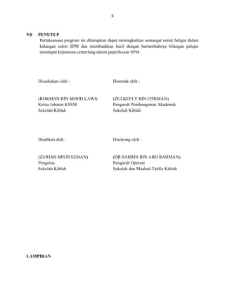 6
9.0 PENUTUP
Perlaksanaan program ini diharapkan dapat meningkatkan semangat untuk belajar dalam
kalangan calon SPM dan membuahkan hasil dengan bertambahnya bilangan pelajar
mendapat keputusan cemerlang dalam peperiksaan SPM.
Disediakan oleh :
(ROKMAN BIN MOHD LAWI)
Ketua Jabatan KSSM
Sekolah Kiblah
Disemak oleh :
(ZULKEFLY BIN OTHMAN)
Pengarah Pembangunan Akademik
Sekolah Kiblah
Disahkan oleh :
(ZURIAH BINTI SEMAN)
Pengetua
Sekolah Kiblah
Disokong oleh :
(DR SAHRIN BIN ABD RAHMAN)
Pengarah Operasi
Sekolah dan Maahad Tahfiz Kiblah
LAMPIRAN
 