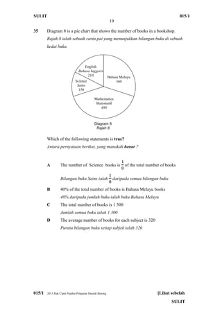 SULIT 015/1
19
015/1 2013 Hak Cipta Pejabat Pelajaran Daerah Betong [Lihat sebelah
SULIT
35 Diagram 8 is a pie chart that shows the number of books in a bookshop.
Rajah 8 ialah sebuah carta pai yang menunjukkan bilangan buku di sebuah
kedai buku.
Which of the following statements is true?
Antara pernyataan berikut, yang manakah benar ?
A The number of Science books is of the total number of books
Bilangan buku Sains ialah daripada semua bilangan buku
B 40% of the total number of books is Bahasa Melayu books
40% daripada jumlah buku ialah buku Bahasa Melayu
C The total number of books is 1 300
Jumlah semua buku ialah 1 300
D The average number of books for each subject is 320
Purata bilangan buku setiap subjek ialah 320
Mathematics
Matematik
480
Bahasa Melayu
360
English
Bahasa Inggeris
210
Science
Sains
150
Diagram 8
Rajah 8
 