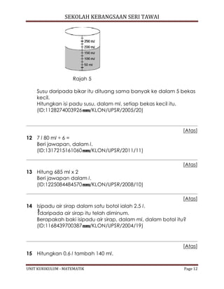 SEKOLAH KEBANGSAAN SERI TAWAI
UNIT KURIKULUM - MATEMATIK Page 12
Rajah 5
Susu daripada bikar itu dituang sama banyak ke dalam 5 bekas
kecil.
Hitungkan isi padu susu, dalam ml, setiap bekas kecil itu.
(ID:1128274003926 /KLON/UPSR/2005/20)
[Atas]
12 7 l 80 ml ÷ 6 =
Beri jawapan, dalam l.
(ID:1317215161060 /KLON/UPSR/2011/11)
[Atas]
13 Hitung 685 ml x 2
Beri jawapan dalam l.
(ID:1225084484570 /KLON/UPSR/2008/10)
[Atas]
14 Isipadu air sirap dalam satu botol ialah 2.5 l.
daripada air sirap itu telah diminum.
Berapakah baki isipadu air sirap, dalam ml, dalam botol itu?
(ID:1168439700387 /KLON/UPSR/2004/19)
[Atas]
15 Hitungkan 0.6 l tambah 140 ml.
 