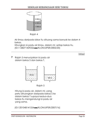 SEKOLAH KEBANGSAAN SERI TAWAI
UNIT KURIKULUM - MATEMATIK Page 26
Rajah 4
Air limau daripada bikar itu dituang sama banyak ke dalam 4
bekas.
Hitungkan isi padu air limau, dalam ml, setiap bekas itu.
(ID:1128271429256 /KLON/UPSR/2005/20)
[Atas]
7 Rajah 5 menunjukkan isi padu air
dalam bekas S dan bekas T.
Rajah 5
Hitung isi padu air, dalam ml, yang
perlu dituangkan daripada bekas S ke
dalam bekas T supaya kedua-dua
bekas itu mengandungi isi padu air
yang sama.
(ID:1201048141554 /KLON/UPSR/2007/16)
 