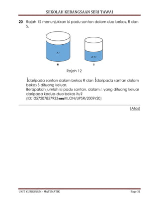 SEKOLAH KEBANGSAAN SERI TAWAI
UNIT KURIKULUM - MATEMATIK Page 31
20 Rajah 12 menunjukkan isi padu santan dalam dua bekas, R dan
S.
Rajah 12
daripada santan dalam bekas R dan daripada santan dalam
bekas S dituang keluar.
Berapakah jumlah isi padu santan, dalam l, yang dituang keluar
daripada kedua-dua bekas itu?
(ID:1257207857933 /KLON/UPSR/2009/20)
[Atas]
 