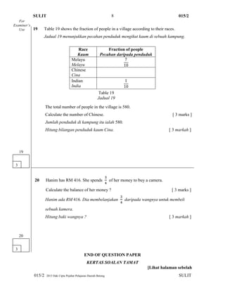 SULIT 015/2
015/2 2013 Hak Cipta Pejabat Pelajaran Daerah Betong SULIT
8
19 Table 19 shows the fraction of people in a village according to their races.
Jadual 19 menunjukkan pecahan penduduk mengikut kaum di sebuah kampung.
Race
Kaum
Fraction of people
Pecahan daripada penduduk
Melayu
Melayu
Chinese
Cina
Indian
India
The total number of people in the village is 580.
Calculate the number of Chinese. [ 3 marks ]
Jumlah penduduk di kampung itu ialah 580.
Hitung bilangan penduduk kaum Cina. [ 3 markah ]
20 Hanim has RM 416. She spends of her money to buy a camera.
Calculate the balance of her money ? [ 3 marks ]
Hanim ada RM 416. Dia membelanjakan daripada wangnya untuk membeli
sebuah kamera.
Hitung baki wangnya ? [ 3 markah ]
END OF QUESTION PAPER
KERTAS SOALAN TAMAT
[Lihat halaman sebelah
For
Examiner’s
Use
3
20
3
19
Table 19
Jadual 19
 