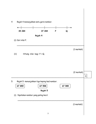 4 Rajah 4 menunjukkan satu garis nombor.
35 284 37 284 P Q
Rajah 4
(i) Cari nilai P.
_________________________________________________________
(1 markah)
(ii) Hitung nilai bagi P + Q.
(2 markah)
______________________________________________________________
5 Rajah 5 menunjukkan tiga keping kad nombor.
67 859 67 598 67 985
Rajah 5
(i) Nyatakan nombor yang paling kecil.
________________________________________________________
(1 markah)
3
3
 