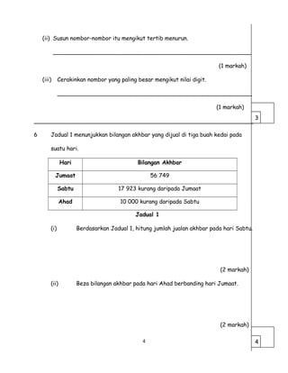 (ii) Susun nombor-nombor itu mengikut tertib menurun.
________________________________________________________
(1 markah)
(iii) Cerakinkan nombor yang paling besar mengikut nilai digit.
_______________________________________________________
(1 markah)
______________________________________________________________
6 Jadual 1 menunjukkan bilangan akhbar yang dijual di tiga buah kedai pada
suatu hari.
Hari Bilangan Akhbar
Jumaat 56 749
Sabtu 17 923 kurang daripada Jumaat
Ahad 10 000 kurang daripada Sabtu
Jadual 1
(i) Berdasarkan Jadual 1, hitung jumlah jualan akhbar pada hari Sabtu.
(2 markah)
(ii) Beza bilangan akhbar pada hari Ahad berbanding hari Jumaat.
(2 markah)
4
3
4
 