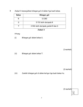 9 Jadual 3 menunjukkan bilangan guli di dalam tiga buah bekas.
Bekas Bilangan guli
R 13 280
S 5 731 lebih daripada R
T 3 426 lebih daripada jumlah R dan S
Jadual 3
Hitung:
(i) Bilangan guli dalam bekas S.
(1 markah)
(ii) Bilangan guli dalam bekas T.
(2 markah)
(iii) Jumlah bilangan guli di dalam ketiga-tiga buah bekas itu.
(2 markah)
7
5
 