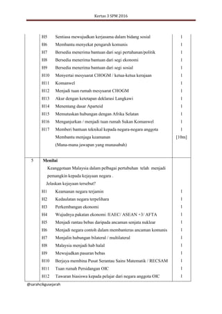 Kertas 3 SPM 2016
@sarahcikgusejarah
H5
H6
H7
H8
H9
H10
H11
H12
H13
H14
H15
H16
H17
Sentiasa mewujudkan kerjasama dalam bidang sosial
Membantu menyekat pengaruh komunis
Bersedia menerima bantuan dari segi pertahanan/politik
Bersedia menerima bantuan dari segi ekonomi
Bersedia menerima bantuan dari segi sosial
Menyertai mesyuarat CHOGM / ketua-ketua kerajaan
Komanwel
Menjadi tuan rumah mesyuarat CHOGM
Akur dengan ketetapan deklarasi Langkawi
Menentang dasar Aparteid
Memutuskan hubungan dengan Afrika Selatan
Menganjurkan / menjadi tuan rumah Sukan Komanwel
Memberi bantuan teknikal kepada negara-negara anggota
Membantu menjaga keamanan
(Mana-mana jawapan yang munasabah)
1
1
1
1
1
1
1
1
1
1
1
1
1
[10m]
5 Menilai
Keanggotaan Malaysia dalam pelbagai pertubuhan telah menjadi
pemangkin kepada kejayaan negara .
Jelaskan kejayaan tersebut?
1
1
1
1
1
1
1
1
1
1
1
1
H1
H2
H3
H4
H5
H6
H7
H8
H9
H10
H11
H12
Keamanan negara terjamin
Kedaulatan negara terpelihara
Perkembangan ekonomi
Wujudnya pakatan ekonomi /EAEC/ ASEAN +3/ AFTA
Menjadi rantau bebas daripada ancaman senjata nuklear
Menjadi negara contoh dalam membanteras ancaman komunis
Menjalin hubungan bilateral / multilateral
Malaysia menjadi hab halal
Mewujudkan pasaran bebas
Berjaya membina Pusat Serantau Sains Matematik / RECSAM
Tuan rumah Persidangan OIC
Tawaran biasiswa kepada pelajar dari negara anggota OIC
 
