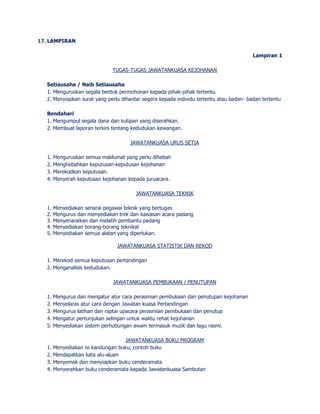 17. LAMPIRAN 
Lampiran 1 
TUGAS-TUGAS JAWATANKUASA KEJOHANAN 
Setiausaha / Naib Setiausaha 
1. Menguruskan segala bentuk permohonan kepada pihak-pihak tertentu. 
2. Menyiapkan surat yang perlu dihantar segera kepada individu tertentu atau badan- badan tertentu 
Bendahari 
1. Mengumpul segala dana dan kutipan yang diserahkan. 
2. Membuat laporan terkini tentang kedudukan kewangan. 
JAWATANKUASA URUS SETIA 
1. Menguruskan semua maklumat yang perlu dihebah 
2. Menghebahkan keputusan-keputusan kejohanan 
3. Merekodkan keputusan. 
4. Menyerah keputusan kejohanan kepada juruacara. 
JAWATANKUASA TEKNIK 
1. Menyediakan senarai pegawai teknik yang bertugas 
2. Mengurus dan menyediakan trek dan kawasan acara padang 
3. Menyenaraikan dan melatih pembantu padang 
4. Menyediakan borang-borang teknikal 
5. Menyediakan semua alatan yang diperlukan. 
JAWATANKUASA STATISTIK DAN REKOD 
1. Merekod semua keputusan pertandingan 
2. Menganalisis kedudukan. 
JAWATANKUASA PEMBUKAAN / PENUTUPAN 
1. Mengurus dan mengatur atur cara perasmian pembukaan dan penutupan kejohanan 
2. Menyelaras atur cara dengan Jawatan kuasa Pertandingan 
3. Mengurus latihan dan raptai upacara perasmian pembukaan dan penutup 
4. Mengatur pertunjukan selingan untuk waktu rehat kejohanan 
5. Menyediakan sistem perhubungan awam termasuk muzik dan lagu rasmi. 
JAWATANKUASA BUKU PROGRAM 
1. Menyediakan isi kandungan buku, contoh buku 
2. Mendapatkan kata alu-aluan 
3. Menyemak dan menyiapkan buku cenderamata 
4. Menyerahkan buku cenderamata kepada Jawatankuasa Sambutan 
 