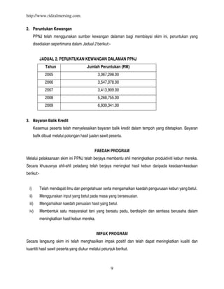 http://www.ridzalmersing.com.


2. Peruntukan Kewangan
        PPNJ telah menggunakan sumber kewangan dalaman bagi membiayai skim ini, peruntukan yang
        disediakan sepertimana dalam Jadual 2 berikut:-


            JADUAL 2. PERUNTUKAN KEWANGAN DALAMAN PPNJ
               Tahun                      Jumlah Peruntukan (RM)
               2005                              3,067,298.00
               2006                              3,547,078.00
               2007                              3,413,909.00
               2008                              5,268,755.00
               2009                              6,939,341.00


3. Bayaran Balik Kredit
        Kesemua peserta telah menyelesaikan bayaran balik kredit dalam tempoh yang ditetapkan. Bayaran
        balik dibuat melalui potongan hasil jualan sawit peserta.


                                               FAEDAH PROGRAM
Melalui pelaksanaan skim ini PPNJ telah berjaya membantu ahli meningkatkan produktiviti kebun mereka.
Secara khususnya ahli-ahli peladang telah berjaya meningkat hasil kebun daripada keadaan-keadaan
berikut:-


  i)        Telah mendapat ilmu dan pengetahuan serta mengamalkan kaedah pengurusan kebun yang betul.
  ii)       Menggunakan input yang betul pada masa yang bersesuaian.
  iii)      Mengamalkan kaedah penuaian hasil yang betul.
  iv)       Membentuk satu masyarakat tani yang bersatu padu, berdisiplin dan sentiasa berusaha dalam
            meningkatkan hasil kebun mereka.


                                                IMPAK PROGRAM
Secara langsung skim ini telah menghasilkan impak positif dan telah dapat meningkatkan kualiti dan
kuantiti hasil sawit peserta yang diukur melalui petunjuk berikut.



                                                          9
 