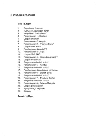 12. ATURCARA PROGRAM
Mula : 6.00pm
1. Pendaftaran / Jamuan
2. Nyanyian Lagu Negeri Johor
3. Menyalakan “kuthuvilakku”
4. Persembahan 1 - Kolattam
5. Ucapan alu-aluan
6. Persembahan Powerpoint
7. Persembahan 2 – “Fashion Show”
8. Ucapan Guru Besar
9. Penghormatan kepada VIP
10. Persembahan 3 - Joget
11. Ucapan YDP PIBG
12. Persembahan 4 – Bicara berirama (BT)
13. Ucapan Perasmian
14. Penyampaian hadiah – slot 1
15. Persembahan 5 - Kavithai
16. Penyampaian hadiah – slot 2
17. Penghormatan kepada para penderma
18. Persembahan 6 – English Song
19. Penyampaian hadiah – slot 3
20. Persembahan 7 – Thirukural Kathai
21. Penyampaian hadiah – slot 4
22. Persembahan 8 – Bahasa Malaysia
23. Ucapan penangguhan
24. Nyanyian lagu Negaraku
25. Bersurai
Tamat : 10.00pm
 