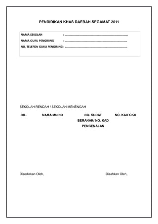 PENDIDIKAN KHAS DAERAH SEGAMAT 2011


NAMA SEKOLAH                            : ..........................................................................
NAMA GURU PENGIRING                     : .........................................................................
NO. TELEFON GURU PENGIRING : .........................................................................




SEKOLAH RENDAH / SEKOLAH MENENGAH

BIL.                NAMA MURID                                  NO. SURAT                           NO. KAD OKU
                                                        BERANAK/ NO. KAD
                                                              PENGENALAN




Disediakan Oleh,                                                                         Disahkan Oleh,
 