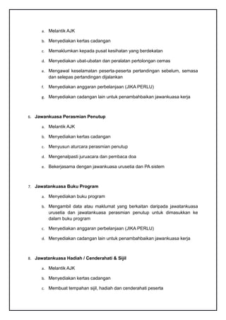 a. Melantik AJK

      b. Menyediakan kertas cadangan

      c. Memaklumkan kepada pusat kesihatan yang berdekatan

      d. Menyediakan ubat-ubatan dan peralatan pertolongan cemas

      e. Mengawal keselamatan peserta-peserta pertandingan sebelum, semasa
           dan selepas pertandingan dijalankan

      f.   Menyediakan anggaran perbelanjaan (JIKA PERLU)

      g. Menyediakan cadangan lain untuk penambahbaikan jawankuasa kerja



6. Jawankuasa Perasmian Penutup

      a. Melantik AJK

      b. Menyediakan kertas cadangan

      c. Menyusun aturcara perasmian penutup

      d. Mengenalpasti juruacara dan pembaca doa

      e. Bekerjasama dengan jawankuasa urusetia dan PA sistem



7. Jawatankuasa Buku Program

      a. Menyediakan buku program

      b. Mengambil data atau maklumat yang berkaitan daripada jawatankuasa
           urusetia dan jawatankuasa perasmian penutup untuk dimasukkan ke
           dalam buku program

      c. Menyediakan anggaran perbelanjaan (JIKA PERLU)

      d. Menyediakan cadangan lain untuk penambahbaikan jawankuasa kerja



8. Jawatankuasa Hadiah / Cenderahati & Sijil

      a. Melantik AJK

      b. Menyediakan kertas cadangan

      c. Membuat tempahan sijil, hadiah dan cenderahati peserta
 