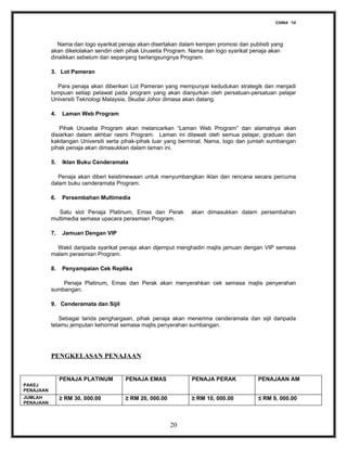 CHINA ‘10




              Nama dan logo syarikat penaja akan disertakan dalam kempen promosi dan publisiti yang
           akan dikelolakan sendiri oleh pihak Urusetia Program. Nama dan logo syarikat penaja akan
           dinaikkan sebelum dan sepanjang berlangsungnya Program.

           3. Lot Pameran

             Para penaja akan diberikan Lot Pameran yang mempunyai kedudukan strategik dan menjadi
           tumpuan setiap pelawat pada program yang akan dianjurkan oleh persatuan-persatuan pelajar
           Universiti Teknologi Malaysia, Skudai Johor dimasa akan datang.

           4.    Laman Web Program

               Pihak Urusetia Program akan melancarkan “Laman Web Program” dan alamatnya akan
           disiarkan dalam akhbar rasmi Program. Laman ini dilawati oleh semua pelajar, graduan dan
           kakitangan Universiti serta pihak-pihak luar yang berminat. Nama, logo dan jumlah sumbangan
           pihak penaja akan dimasukkan dalam laman ini.

           5.    Iklan Buku Cenderamata

              Penaja akan diberi keistimewaan untuk menyumbangkan iklan dan rencana secara percuma
           dalam buku cenderamata Program.

           6.    Persembahan Multimedia

              Satu slot Penaja Platinum, Emas dan Perak         akan dimasukkan dalam persembahan
           multimedia semasa upacara perasmian Program.

           7.    Jamuan Dengan VIP

             Wakil daripada syarikat penaja akan dijemput menghadiri majlis jamuan dengan VIP semasa
           malam perasmian Program.

           8.    Penyampaian Cek Replika

               Penaja Platinum, Emas dan Perak akan menyerahkan cek semasa majlis penyerahan
           sumbangan.

           9. Cenderamata dan Sijil

              Sebagai tanda penghargaan, pihak penaja akan menerima cenderamata dan sijil daripada
           tetamu jemputan kehormat semasa majlis penyerahan sumbangan.




           PENGKELASAN PENAJAAN


                PENAJA PLATINUM        PENAJA EMAS              PENAJA PERAK             PENAJAAN AM
PAKEJ
PENAJAAN
JUMLAH          ≥ RM 30, 000.00        ≥ RM 20, 000.00          ≥ RM 10, 000.00          ≤ RM 9, 000.00
PENAJAAN




                                                         20
 