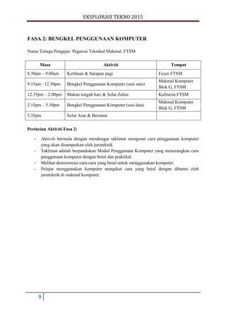 EKSPLORASI TEKNO 2015
9
FASA 2: BENGKEL PENGGUNAAN KOMPUTER
Nama Tenaga Pengajar: Pegawai Teknikal Makmal, FTSM
Masa Aktiviti Tempat
8.30am – 9.00am Ketibaan & Sarapan pagi Foyer FTSM
9.15am –12.30pm Bengkel Penggunaan Komputer (sesi satu)
Makmal Komputer
Blok G, FTSM
12.35pm – 2.00pm Makan tengah hari & Solat Zuhur Kafeteria FTSM
2.15pm – 5.30pm Bengkel Penggunaan Komputer (sesi dua)
Makmal Komputer
Blok G, FTSM
5.35pm Solat Asar & Bersurai
Perincian Aktiviti Fasa 2:
- Aktiviti bermula dengan mendengar taklimat mengenai cara penggunaan komputer
yang akan disampaikan oleh juruteknik.
- Taklimat adalah berpandukan Modul Penggunaan Komputer yang menerangkan cara
penggunaan komputer dengan betul dan praktikal.
- Melihat demonstrasi cara-cara yang betul untuk menggunakan komputer.
- Pelajar menggunakan komputer mengikut cara yang betul dengan dibantu oleh
juruteknik di makmal komputer.
 