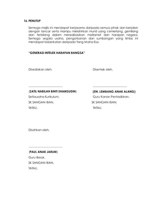 16. PENUTUP
Semoga majlis ini mendapat kerjasama daripada semua pihak dan berjalan
dengan lancar serta mampu melahirkan murid yang cemerlang, gemilang
dan terbilang dalam merealisasikan matlamat dan harapan negara.
Semoga segala usaha, pengorbanan dan sumbangan yang ikhlas ini
mendapat keberkatan daripada Yang Maha Esa.
“GENERASI INTELEK HARAPAN BANGSA”
Disediakan oleh,
...........................................
(ZATIL NABILAH BINTI SHAMSUDIN)
Setiausaha Kurikulum,
SK SANGAN IBAN,
TATAU.
Disemak oleh,
...........................................
(EN. LEMBANG ANAK ALANG)
Guru Kanan Pentadbiran,
SK SANGAN IBAN,
TATAU.
Disahkan oleh,
...........................................
(PAUL ANAK JARUM)
Guru Besar,
SK SANGAN IBAN,
TATAU.
 