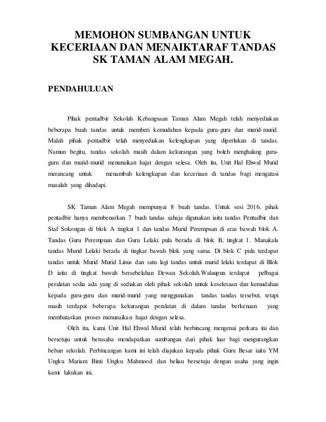 Contoh Surat Mohon Sumbangan Naik Taraf Surau