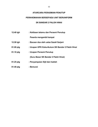 32


                  ATURCARA PERASMIAN PENUTUP

            PERKHEMAHAN BERSEPADU UNIT BERUNIFORM

                     SK BANDAR 2 PALOH HINAI




12.40 tgh     : Ketibaan tetamu dan Perasmi Penutup

               Peserta mengambil tempat

12.50 tgh     : Bacaan doa oleh ustaz Sazali Sarjani

01.00 ptg     : Ucapan GPK Kokurikulum SK Bandar 2 Paloh Hinai

01.10 ptg     : Ucapan Perasmi Penutup

               (Guru Besar SK Bandar 2 Paloh Hinai)

01.25 ptg     : Penyampaian Sijil dan hadiah

01.40 ptg     : Bersurai
 