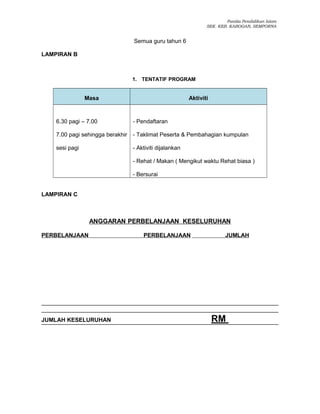 Panitia Pendidikan Islam
SEK. KEB. KABOGAN, SEMPORNA
Semua guru tahun 6
LAMPIRAN B
1. TENTATIF PROGRAM
Masa Aktiviti
6.30 pagi – 7.00
7.00 pagi sehingga berakhir
sesi pagi
- Pendaftaran
- Taklimat Peserta & Pembahagian kumpulan
- Aktiviti dijalankan
- Rehat / Makan ( Mengikut waktu Rehat biasa )
- Bersurai
LAMPIRAN C
ANGGARAN PERBELANJAAN KESELURUHAN
PERBELANJAAN PERBELANJAAN JUMLAH
JUMLAH KESELURUHAN RM
 