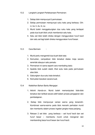 13.2

Langkah-Langkah Perlaksanaan Permainan:

1. Setiap blok mempunyai 6 permukaan.
2. Setiap permukaan mempunyai suku kata yang berbeza. Cth:
ci, ka, li, du, ki, su
3. Murid boleh menggabungkan dua suku kata yang terdapat
pada dua buah blok untuk membentuk satu kata.
4. Satu set blok boleh direka dengan menggunakan huruf kecil
dan satu set lagi boleh direka menggunakan huruf besar.

13.3

Cara Bermain

:

1. Murid perlu mengambil dua buah blok kata
2. Kemudian, campakkan blok tersebut diatas meja secara
serentak ataupun satu persatu
3. Permainan ini sama seperti cara membaling dadu
4. Apabila blok sudah stabil, lihat suku kata pada permukaan
atas blok.
5. Gabungkan dua suku kata tersebut.
6. Kemudian bacakan secara kuat.

13.4

Kelebihan Bahan Bantu Mengajar:
1. Aktiviti

Hands-on.

Murid

boleh

memanipulasi

blok-blok

tersebut dan terlibat secara aktif dalam proses pengajaran dan
pembelajaran.
2. Setiap blok mempunyai variasi warna yang tersendiri.
Kombinasi warna-warna pada blok menarik perhatian murid
dan membantu dalam proses ingatan jangka masa panjang.
3. Rekaan 2 set blok yang berbeza – set huruf kecil dan set
huruf besar – membantu murid untuk mengenal dan
membanding beza huruf besar dan huruf kecil.
10

 