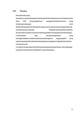 15.0

Penutup

Secarakonklusinya,
dapatdirumuskanbahawapembentanganilmiahmelaluipameraninitelahmembe
rikan

1001

ilmupengetahuan,

pengalamandankemahiran

amatbergunakepada

yang
kami

dapatmelengkapkandiridenganilmukeguruanuntukmenempuhdugaandancab
aranalamperguruankelak.

Kerjasamadaripadasemuapihak,

terutamasemuaahlikumpulanamatdihargaidalammenjayakanpembentangani
ni.Diharapkan

agar

dengankesepaduan

utuhlagieratdalammelaksanakanpembentanganini,

segalaobjektif

yang
yang

ingindicapaidapatdirealisasikandenganjayanyabagimeningkatkankemahiran
membacamuridmuriddanmengenalpembendaharaanperkataanbahasamelayu.Semogasegal
ausahainimembuahkanhasilseperti yang diharapkan.

15

 