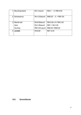 1. Mounting board

Rm 3 seunit

RM 3 ₓ 2 = RM 6.00

2. Kertaswarna

Rm 0.20seunit

RM0.20 ₓ5 = RM1.00

3. Manila kad

Rm0.60seunit

RM 0.60 x 4= RM 2.40

Gam

Rm1.00seunit

RM1 = Rm1.00

Gunting

RM 2.00 seunit RM2.00 =RM2.00

4. Jumlah

10.0

Rm6.80

RM 12.40

SenaraiSemak

6

 