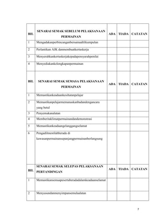 BIL

SENARAI SEMAK SEBELUM PELAKSANAAN
PERMAINAN

1

Mengadakanperbincanganbersamaahlikumpulan

2

Perlantikan AJK danmembuatkertaskerja

3

Menyerahkankertaskerjakepadapensyarahpenilai

4

ADA TIADA CATATAN

Menyediakankelengkapanpermainan

BIL

SENARAI SEMAK SEMASA PELAKSANAAN
PERMAINAN

1

Memastikankeadaankesihatanpelajar

2

ADA TIADA CATATAN

Memastikanpelajarmemanaskanbadandengancara
yang betul

3

Penyemakanalatan

4

Memberitaklimatpermainandandemonstrasi

5

Memastikankeadaangelanggangselamat

6

Pengadilmestilahberada di
kawasanpermainansepanjangpermainanberlangsung

SENARAI SEMAK SELEPAS PELAKSANAAN
BIL PERTANDINGAN
1

Memastikansemuapesertaberadadalamkeadaanselamat

2

ADA TIADA CATATAN

Menyusundanmenyimpansemulaalatan

7

 