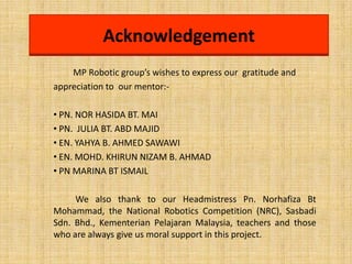 Acknowledgement
    MP Robotic group’s wishes to express our gratitude and
appreciation to our mentor:-

• PN. NOR HASIDA BT. MAI
• PN. JULIA BT. ABD MAJID
• EN. YAHYA B. AHMED SAWAWI
• EN. MOHD. KHIRUN NIZAM B. AHMAD
• PN MARINA BT ISMAIL

     We also thank to our Headmistress Pn. Norhafiza Bt
Mohammad, the National Robotics Competition (NRC), Sasbadi
Sdn. Bhd., Kementerian Pelajaran Malaysia, teachers and those
who are always give us moral support in this project.
 