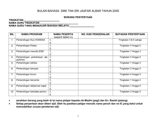 BULAN BAHASA SMK TAN SRI JAAFAR ALBAR TAHUN 2009
BORANG PENYERTAAN
TINGKATAN:__________________________
NAMA GURU TINGKATAN:____________________________
NAMA GURU YANG MENGAJAR BAHASA MELAYU:__________________
BIL NAMA PROGRAM NAMA PESERTA
(seperti dalam ic)
NO. KAD PENGENALAN BATASAN PENYERTAAN
1 Pertandingan Kuiz KOMSAS 1.
2.
Tingkatan 3 & 5 sahaja
2 Pertandingan Pidato 1.
2.
Tingkatan 4 hingga 5
3 Pertandingan menulis ESEI 1.
2.
Tingkatan 1 hingga 3
4 Pertandingan perbahasan ala
parlimen
1.
2.
Tingkatan 4 hingga 5
5 Pertandingan sahiba 1.
2.
Tingkatan 1 hingga 3
6 Pertandingan bersyair 1.
2.
Tingkatan 3 hingga 5
7 Pertandingan forum 1.
2.
Tingkatan 4 hingga 5
8 Pertandingan bercerita 1.
2.
Tingkatan 1 hingga 2
9 Pertandingan deklamasi sajak 1.
2.
Tingkatan 1 hingga 5
10 Pertandingan berbalas pantun 1.
2.
Tingkatan 3 hingga 5
• serahkan borang yang telah di isi nama pelajar kepada cik Mazlin (pagi) dan En. Rasidi (petang).
• Setiap penyertaan akan diberi sijil. Oleh itu pastikan pelajar menulis nama penuh dan no IC yang betul untuk
memudahkan urusan pemberian sijil.
7
 