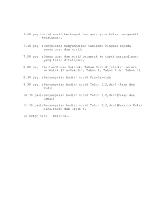 7.30 pagi:Murid-murid berkumpul dan guru-guru kelas mengambil
kedatangan.
7.40 pagi :Penyelaras menyampaikan taklimat ringkas kepada
semua guru dan murid.
7.50 pagi :Semua guru dan murid bergerak ke tapak pertandingan
yang telah ditetapkan.
8.00 pagi :Pertandingan Sukaneka Tahap Satu dijalankan secara
serentak.(Pra-Sekolah, Tahun 1, Tahun 2 dan Tahun 3)
8.30 pagi :Penyampaian hadiah murid Pra-Sekolah
9.30 pagi :Penyampaian hadiah murid Tahun 1,2,dan3 (Azam dan
Budi)
10.30 pagi:Penyampaian hadiah murid Tahun 1,2,dan3(Cekap dan
Damai)
11.30 pagi:Penyampaian hadiah murid Tahun 1,2,dan3(Peserta Kelas
Elok,Fasih dan Gigih ).
12.00tgh hari :Bersurai.
 