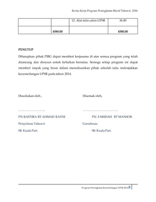 Kertas Kerja Program Peningkatan Murid Tahun 6, 2016
Program Peningkatan Kecemerlangan UPSR 20168
12. Alat tulis calon UPSR 36.00
4580.00 4580.00
PENUTUP
Diharapkan pihak PIBG dapat memberi kerjasama di atas semua program yang telah
dirancang dan disusun untuk kebaikan bersama. Semoga setiap program ini dapat
memberi impak yang besar dalam merealisasikan pihak sekolah iaitu melonjakkan
kecemerlangan UPSR pada tahun 2014.
Disediakan oleh , Disemak oleh,
…………………….. …………………………….
PN RASTIRA BT AHMAD RATHI PN. FARIDAH BT MANSOR
Penyelaras Tahun 6 Gurubesar,
SK Kuala Pari. SK Kuala Pari.
 