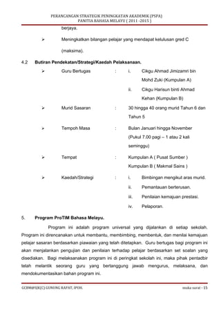 Kertas kerja Perancangan Strategik Peningkatan Akademik Bahasa Melayu - Suatu Sampel Draf Awal Percubaan Aplikasi di Sekol...
