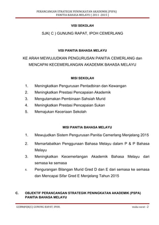 Kertas kerja Perancangan Strategik Peningkatan Akademik Bahasa Melayu - Suatu Sampel Draf Awal Percubaan Aplikasi di Sekol...