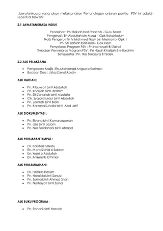 Jawatankuasa yang akan melaksanakan Pertandingan anjuran panitia PSV ini adalah
seperti di bawah :
2.1 JAWATANKUASA INDUK
Penasihat : Pn. Rokiah binti Yaacob - Guru Besar
Pengerusi : En Abdullah bin Musa – Gpk Kokurikulum
Naib Pengerusi Tn hj Mohmed Nasir bin Meskam:– Gpk 1
Pn. Siti Salbiah binti Rosli– Gpk Hem
Penyelaras Program PSV : Pn Norhayati Bt Zainal
Timbalan Penyelaras Program PSV : Pn Hajah Khalijah Bte Ibrahim
Setiausaha : Pn. Has Simazura Bt Sidek
2.2 AJK PELAKSANA
 Pengacara Majlis : En. Mohamad Angsur b Karimon
 Bacaan Doa : Ustaz Zainol Abidin
AJK HADIAH :
 Pn. Kilauwati binti Abdullah
 Pn. Khalijah binti Ibrahim
 Pn. Siti Zanariah binti Mustafa
 Cik. Syajaraturdur binti Abdullah
 Pn. Jamilah binti Bidin
 Pn. Karzana Suhaila binti Abd Latif
AJK DOKUMENTASI :
 Pn. Elyana binti Kamaruzzaman
 Pn. Liza binti Jazam
 Pn. Nor Faridahani binti Ahmad
AJK PERSIAPAN TEMPAT :
 En. Baridon b Bedu
 En. Mohd Zahid b Sabron
 En. Yussri b Abdullah
 En. Amierul b Othman
AJK PERSEMBAHAN :
 En. Faizal b Hassim
 Pn. Noraida binti Sanusi
 Pn. Zarina binti Ahmad Shah
 Pn. Norhayati binti Zainal
AJK BUKU PROGRAM :
 Pn. Rohani binti Yaacob
 