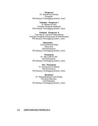 Pengerusi
Pn. Rubiah binti Ahmad
Pengarah
IPG Kampus Temenggong Ibrahim, Johor.
Timbalan Pengerusi 1
Dr. Mazlan bin Aris
Timbalan Pengarah Akademik
IPG Kampus Temenggong Ibrahim, Johor.
Timbalan Pengerusi II
Tuan Haji Dr. Yazid bin Abdul Manap
Timbalan Pengarah (Pengurusan & Perkhidmatan)
IPG Kampus Temenggong Ibrahim, Johor .
Setiausaha
Cik Zuhaida binti Raya
Ketua Unit,
Unit Kokurikulum,
IPG Kampus Temenggong Ibrahim, Johor.
Penyelaras
En. Abd Latiff bin Awi
Unit Kokurikulum,
IPG Kampus Temenggong Ibrahim, Johor.
Pen. Penyelaras
Tn. Haji Azman bin Manas
Unit Kokurikulum,
IPG Kampus Temenggong Ibrahim, Johor.
Bendahari
Pn. Rabiatuladawiyah binti Rusley
Penolong Akauntan,
Unit Kewangan,
IPG Kampus Temenggong Ibrahim, Johor.
9.2 JAWATANKUASA PENGELOLA
 